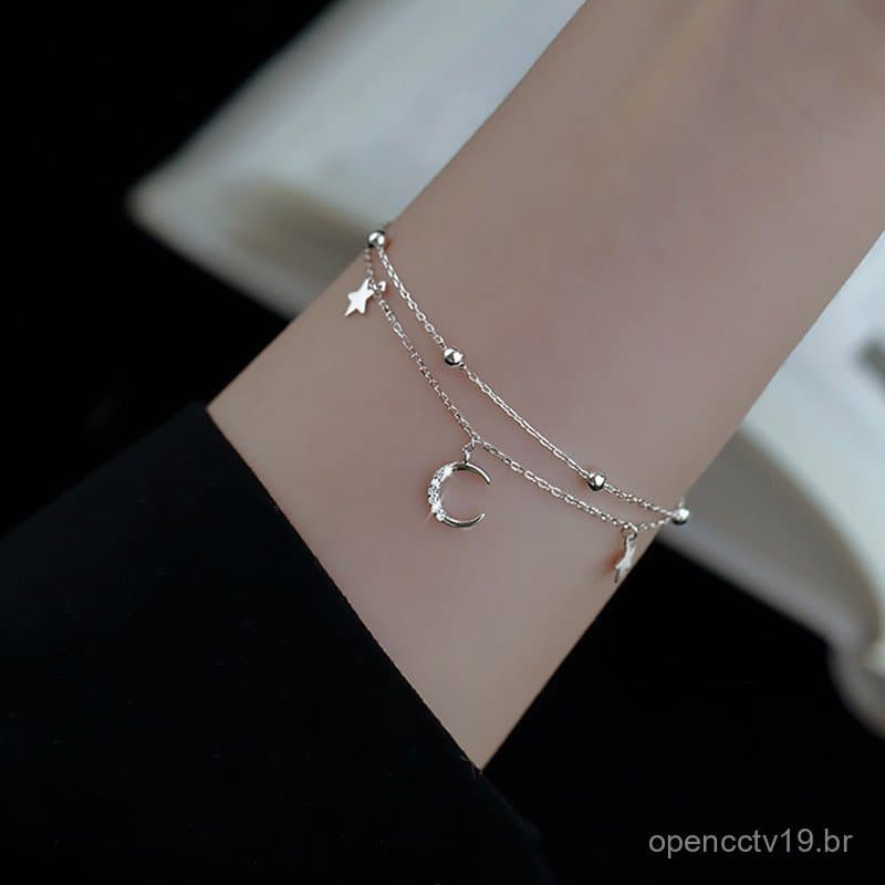 Pulseira feminina de prata pura S925 com dupla camada, estrela e lua, estilo campestre, fresca e elegante, com diamantes