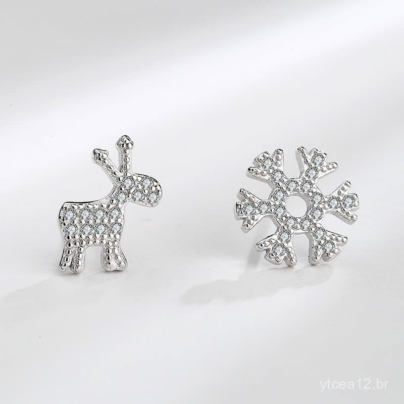 Brincos assimétricos de prata S925 "Sempre Com Você" com design de chifre de rena e floco de neve para mulheres, brincos