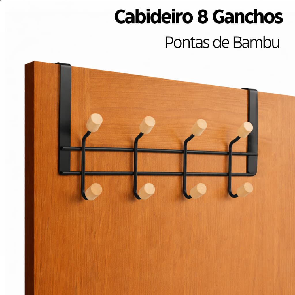 Cabide De Porta 8 Ganchos Encaixe Porta Com Ponta Bambu