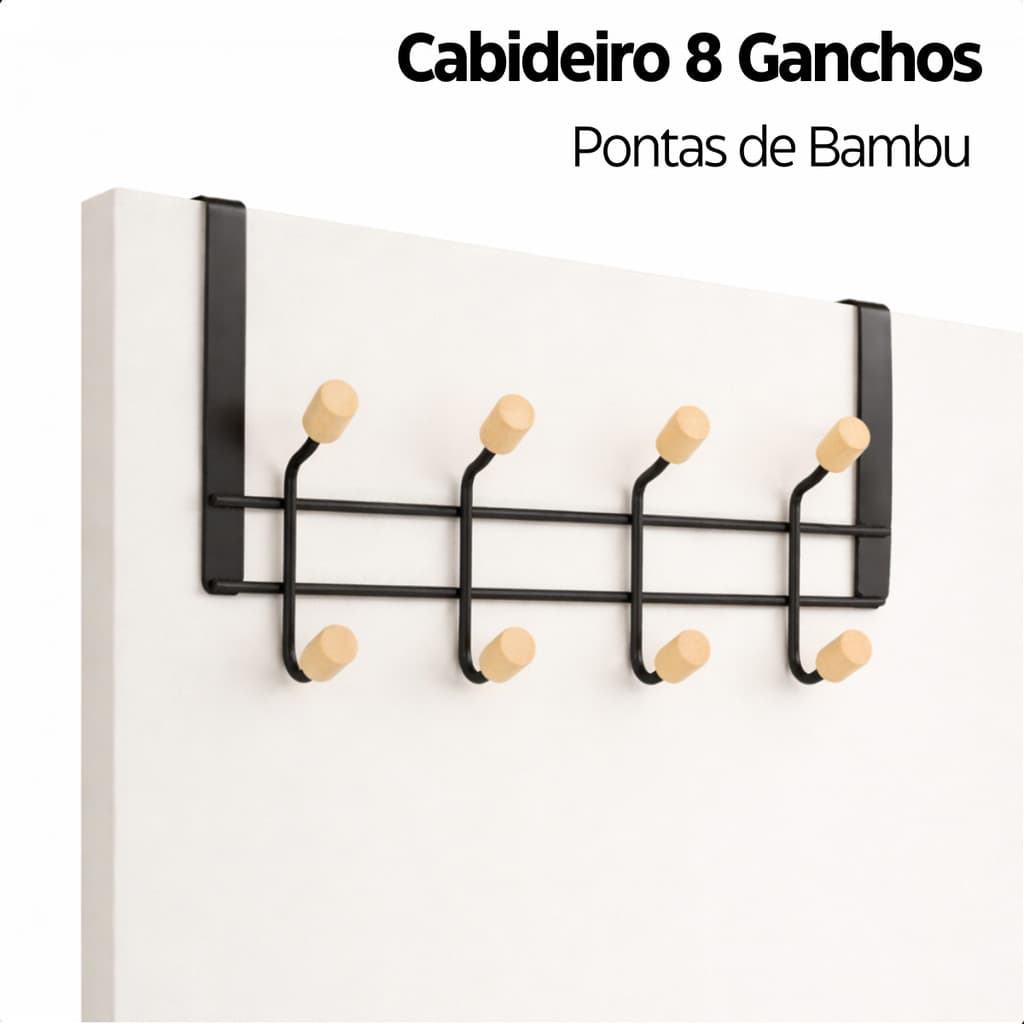 Cabideiro De Porta 8 Ganchos Com Pontas De Bambu