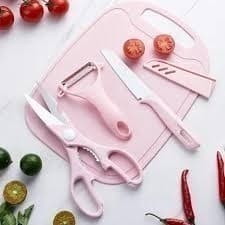 Kit 4 Utensílios Cozinha Descascador Tábua Cortador Faca Tesoura Inox Preparar Alimentos