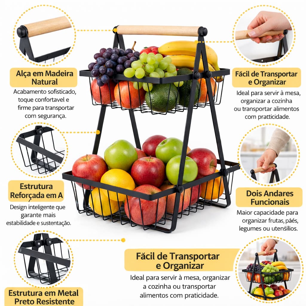 Fruteira de Mesa em Metal Preta Com detalhe em Bambu Moderna Decorativa 30,00 L x 33,5 A x 19 P