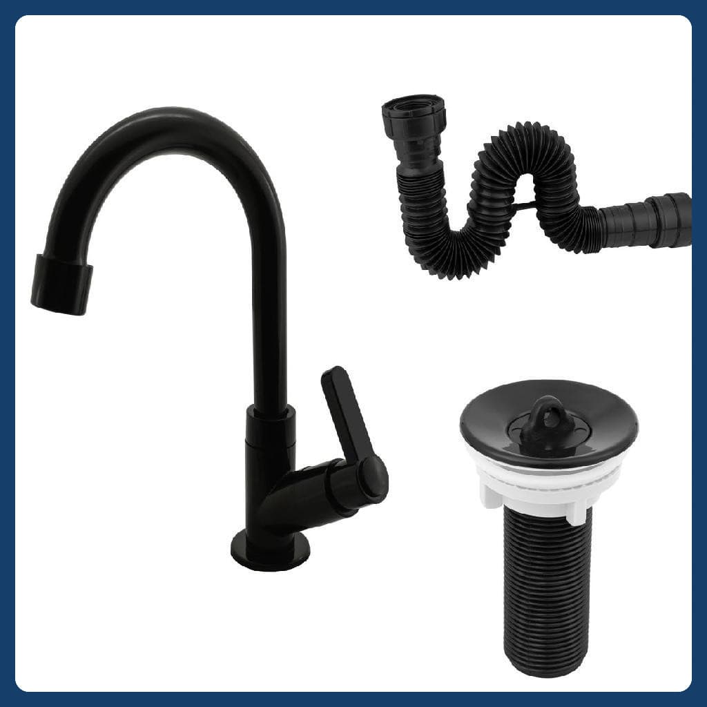 Kit Torneira Preta Para Lavatório + Válvula ABS Preta + Sifão Preto