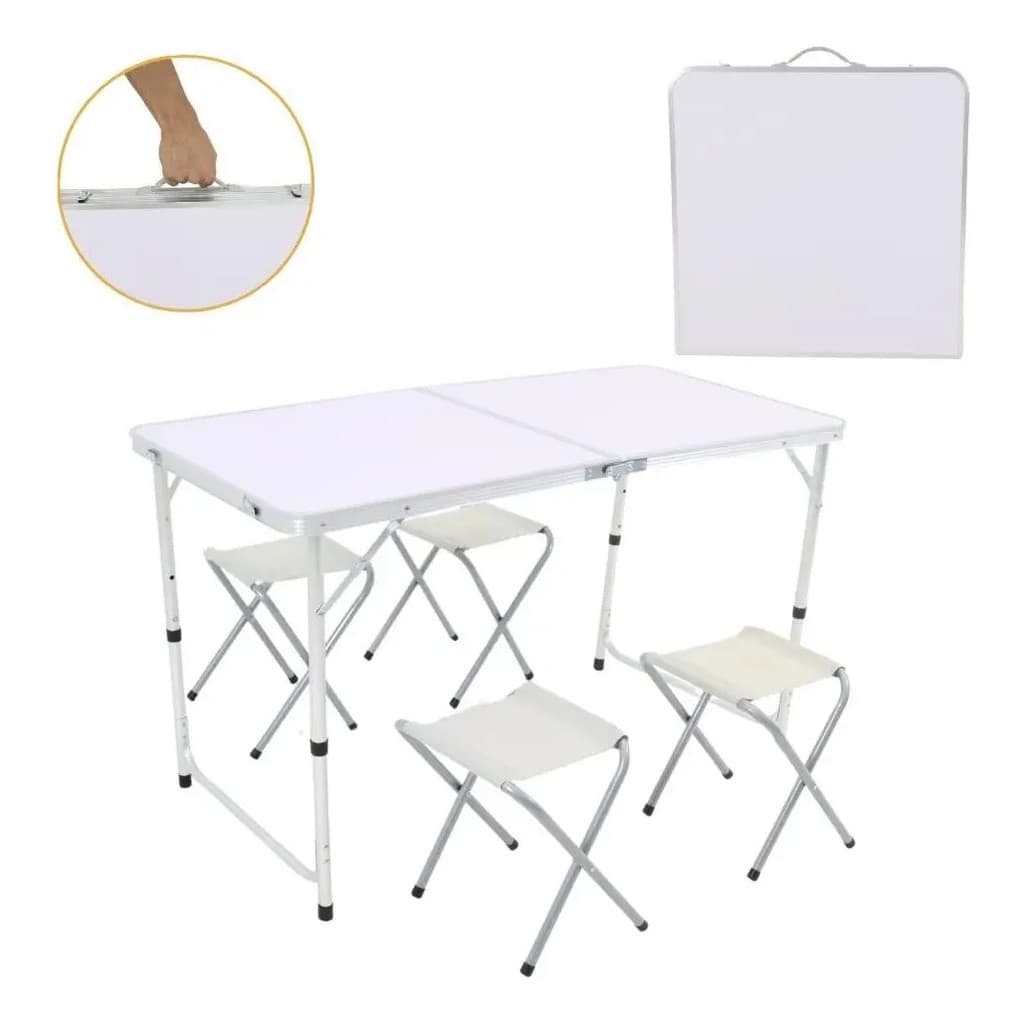 Kit Mesa Dobrável Portátil Vira Maleta Camping Churrasco Parque Eventos 120X60cm com 4 Banquinhos Dobráveis Brancos
