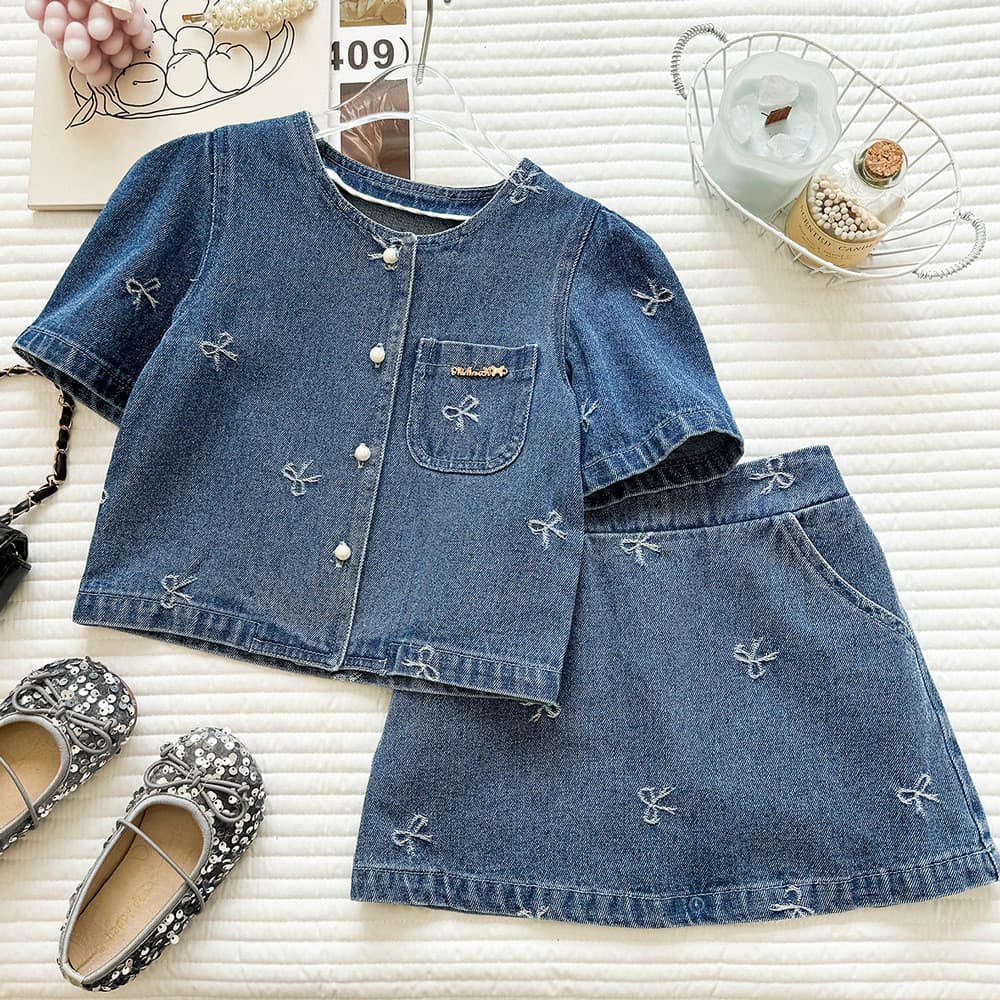 Crianças verão denim terno verão bebê em torno do pescoço Jacquard denim saia terno de duas peças