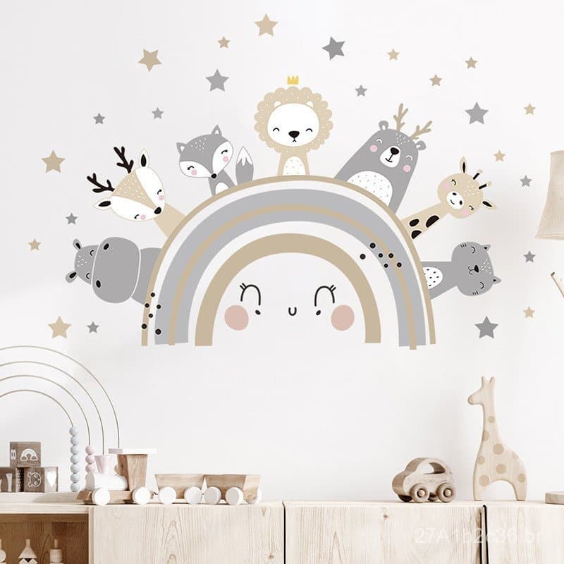Adesivo de Parede Arco-Íris Sorridente BR93324, Adesivo Decorativo Autoadesivo com Pequenos Animais Fofos, Estilo Ins, p