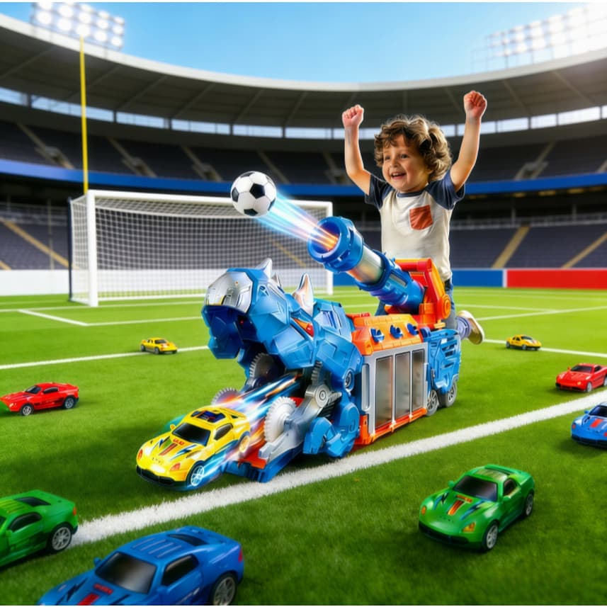 Caminhão Dinossauro T-Rex engole carros 🚚, lança bola em casa. Brinquedo favorito dos meninos