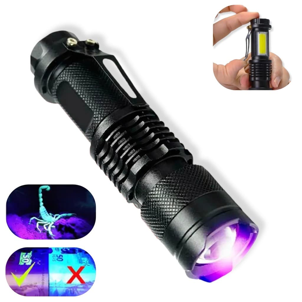Lanterna Led Cree T6 Luz UV Ultra Violeta Branca C/ Foco Zoom Luz Emergência Usb Recarregável