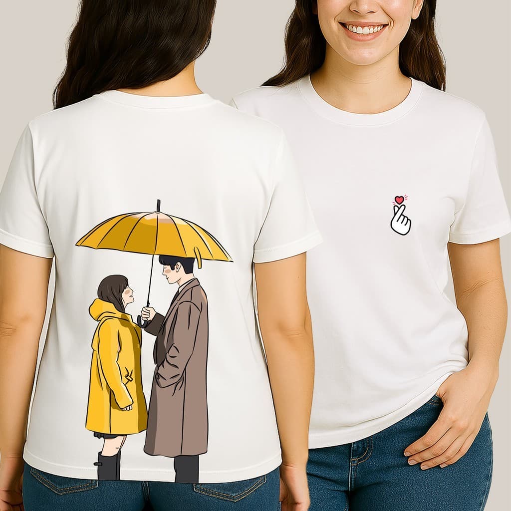 Camiseta Estampada Dorama Tendência Coreana Mão de Coração Dorameira