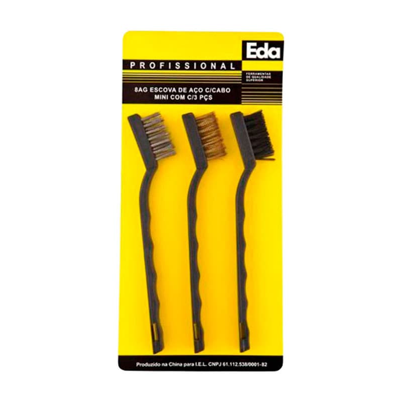 Kit 03 Escova de Aço Mini com Cabo Uso Geral Alta Qualidade EDA Resistente Multiuso Ferramenta SB