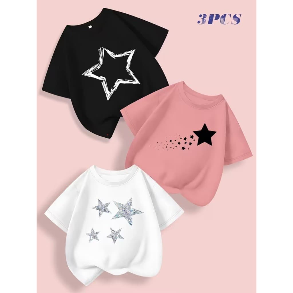 Kit 3 Camiseta Infantil Stars Estrelas Camiseta Manga Curta Blusa T-Shirt Algodão