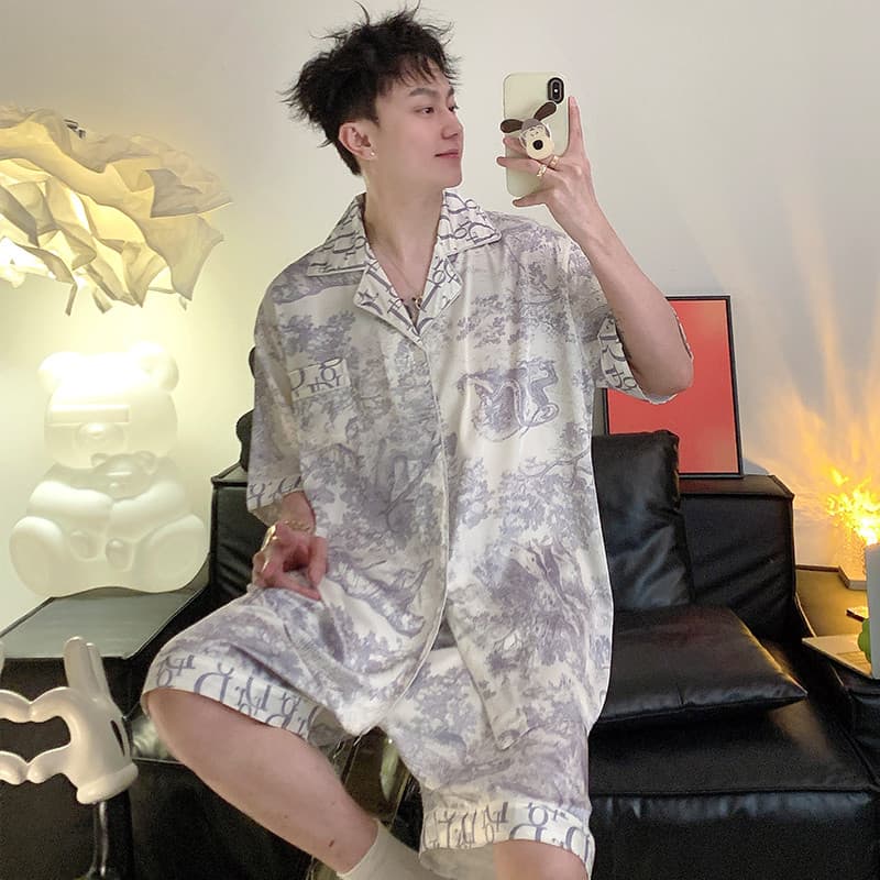 Pijamas Masculinos Plus Size , De Seda Gelada , Shorts De Manga Curta , Roupa De Casa , Loungewear D