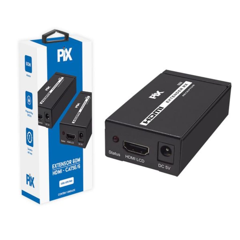 Extensor HDMI RJ45 60m 60 Metros Pix Adaptador Via de Cabo Rede CAT5E CAT6 1080p 075-7160 PIX