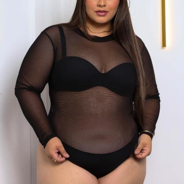 Body tule manga comprida plus size 46 a 50