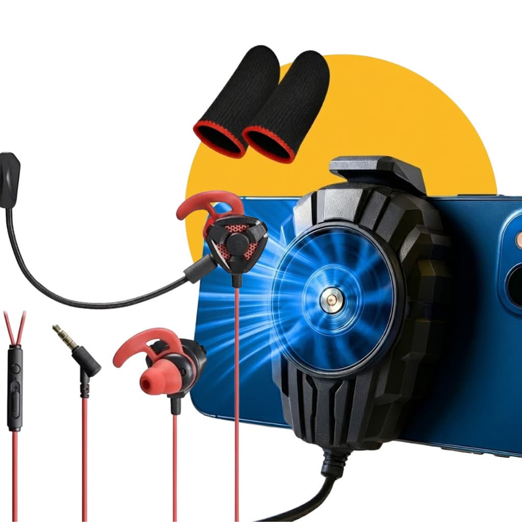 Cooler de Celular Gamer 4.500 RPM Free Fire e PUBG + Fone Gamer Com Microfone + Luvinha de dedo gamer Anti-Suor