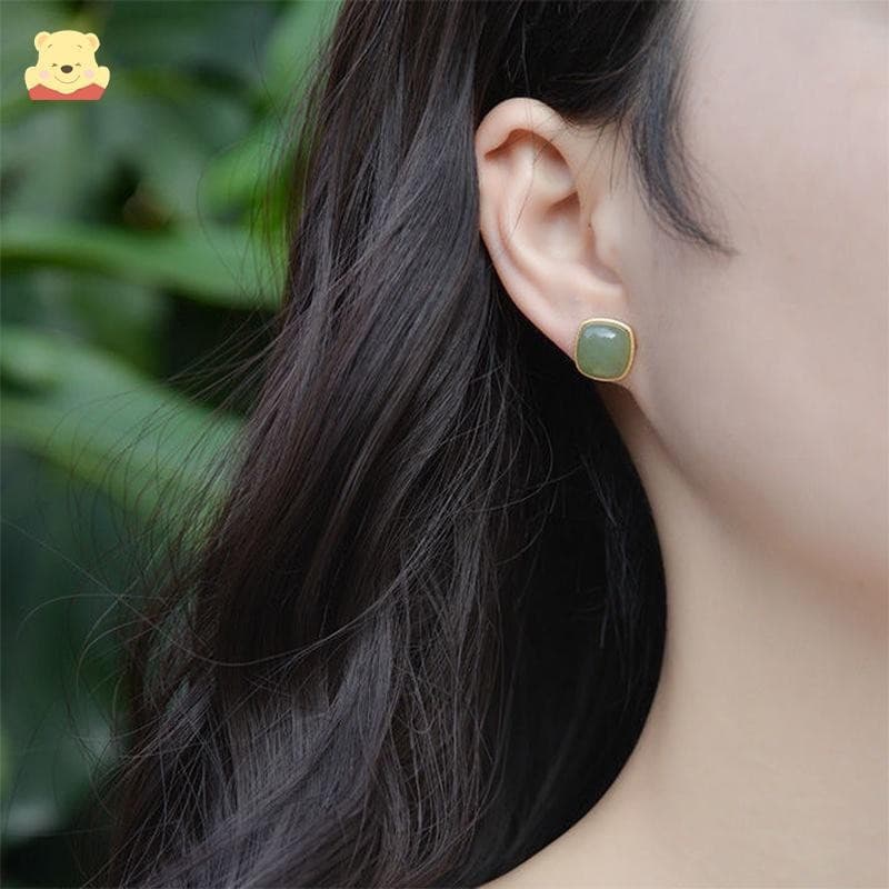 Brincos Quadrados De Jade Verde – Joias Retrô De Jaspe Para Mulheres