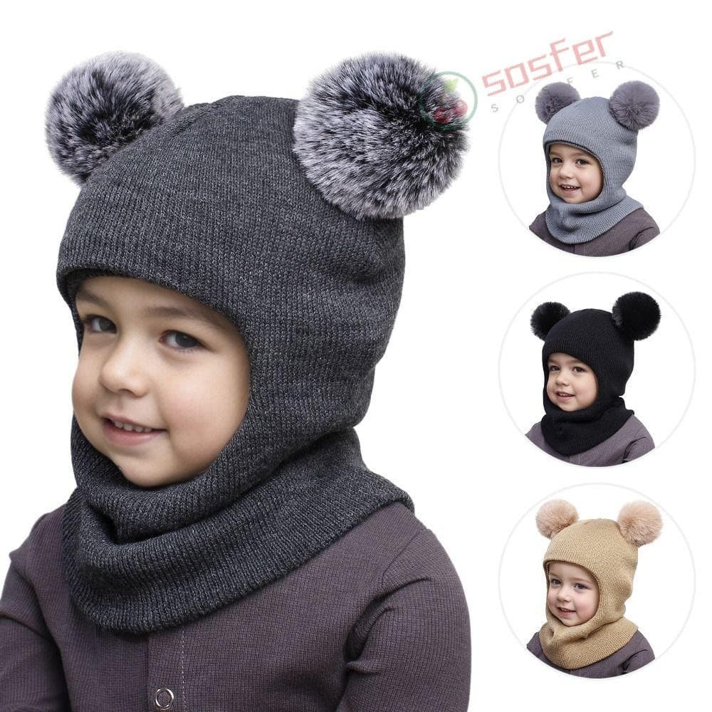 Chapéus Balaclava SOSFER , Cachecol Fofo Para Crianças , Chapéu De Uma Peça , Bolas Duplas , Outono Inverno , Boné De Lã