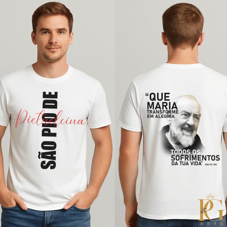 [Camiseta Premium em Algodão Puro]CC Camiseta São Padre Pio Pietrelcina Frente e Costas Unissex 100% Algodão