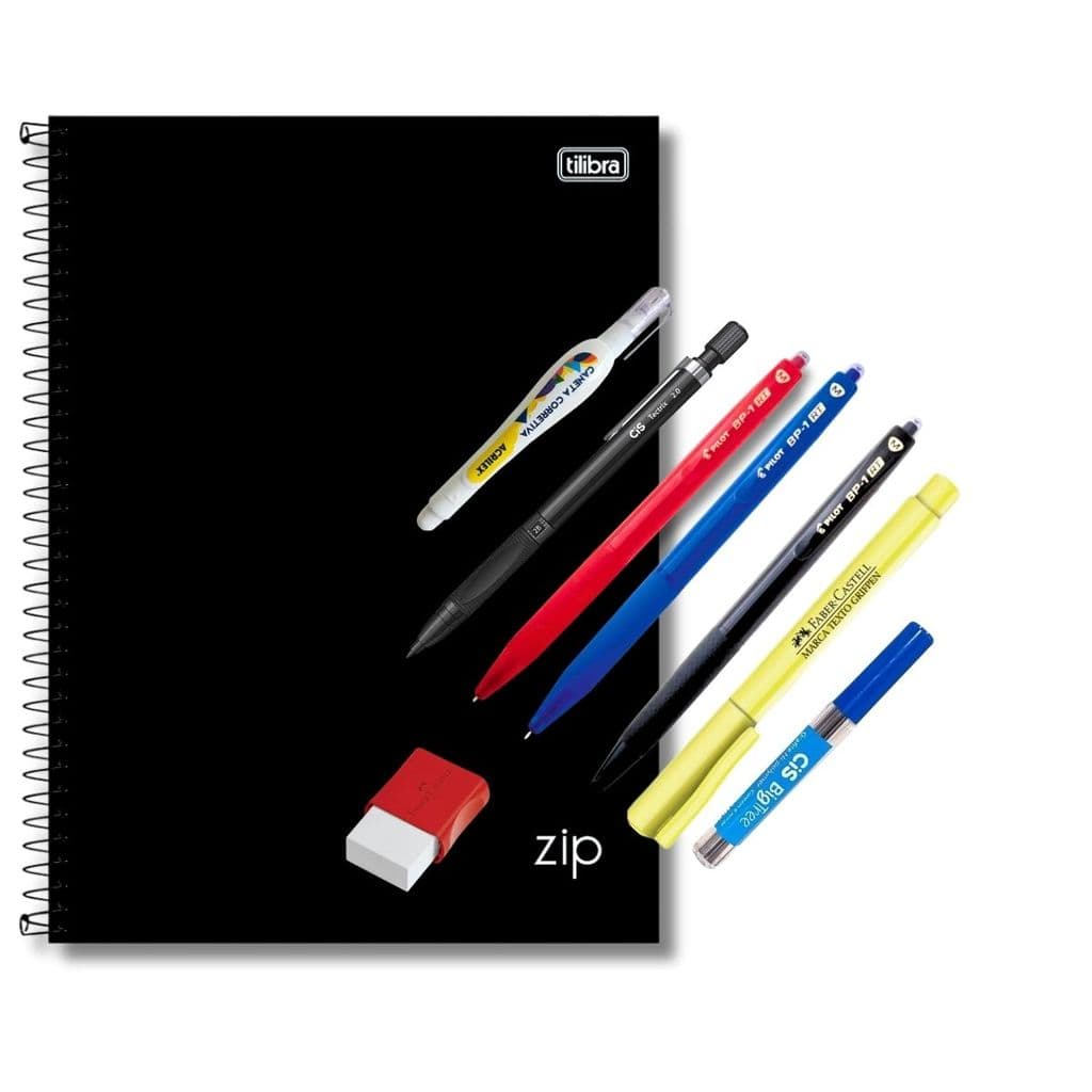 KIT CADERNO 1 MAT 80FLS ZIP PRETO + 3 CANETAS BP + MARCA TEXTO + BORRACHA +LAPISEIRA E GRAFITE 2.0 CIS + CORRETIVO