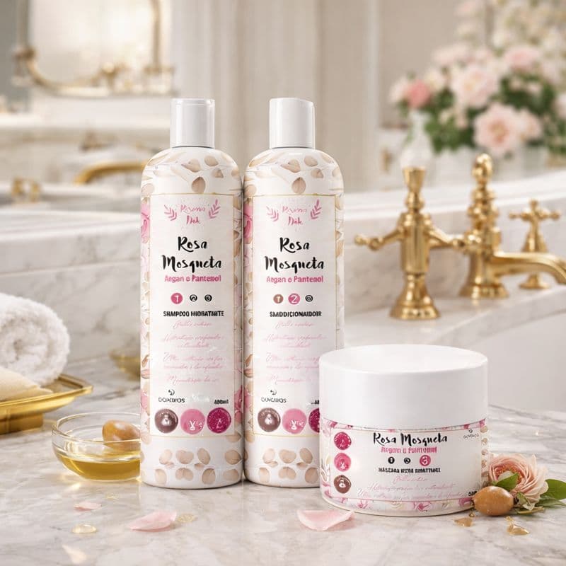 Kit Tratamento Capilar Rosa Mosqueta com Argan e Pantenol  Cabelos Hidratados Dokmos