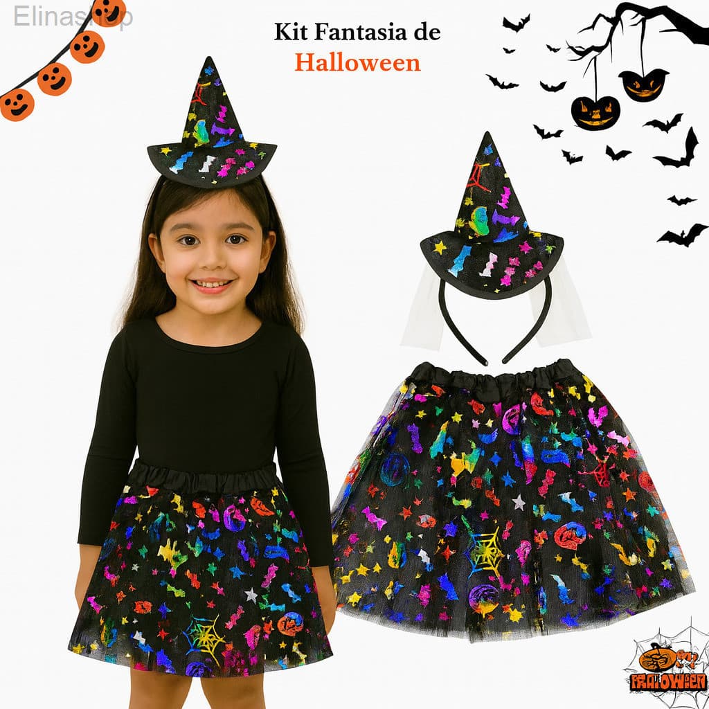 (V)Fantasia Infantil Halloween Bruxinha com Saia Colorida e Chapéu 🎩✨YZ8Z