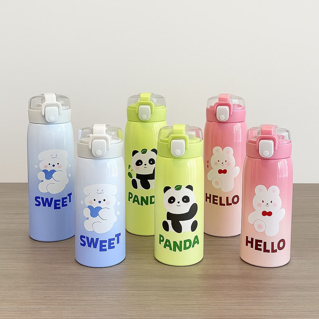 KIT Garrafa Térmica Infantil Com Canudo Animais Fofos Estilosa Aço Inox 350ml 500ml MB263-264