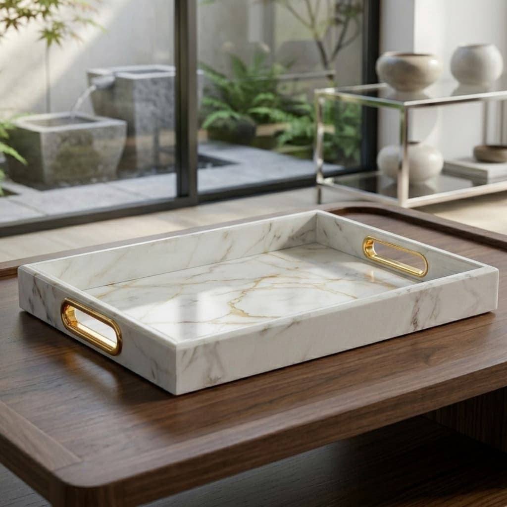 Bandeja Decorativa Marmorizada com Alça Dourada para Perfumes Maquiagem Lavabo Luxo