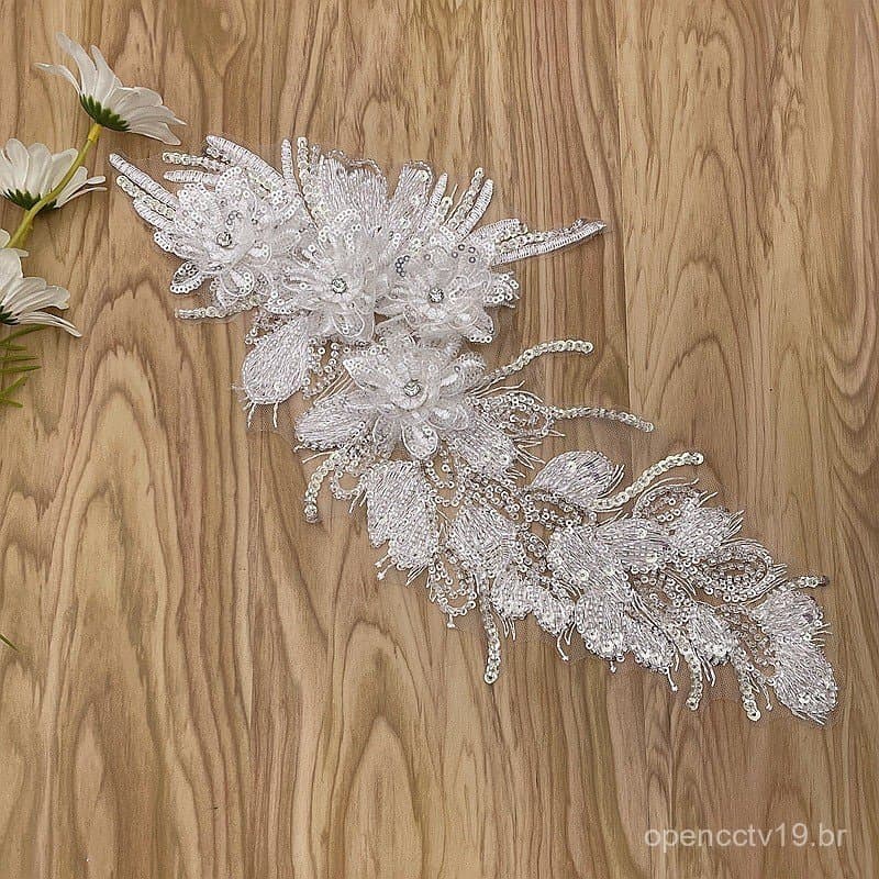 Aplique bordado com lantejoulas e contas de vidro em estoque do fabricante, aplique bordado tridimensional com strass e