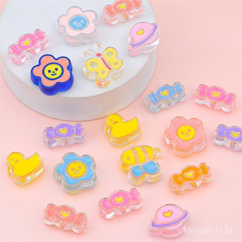 Acessórios de material para corrente de celular feita à mão com miçangas acrílicas em formato de flor, cereja e urso, co