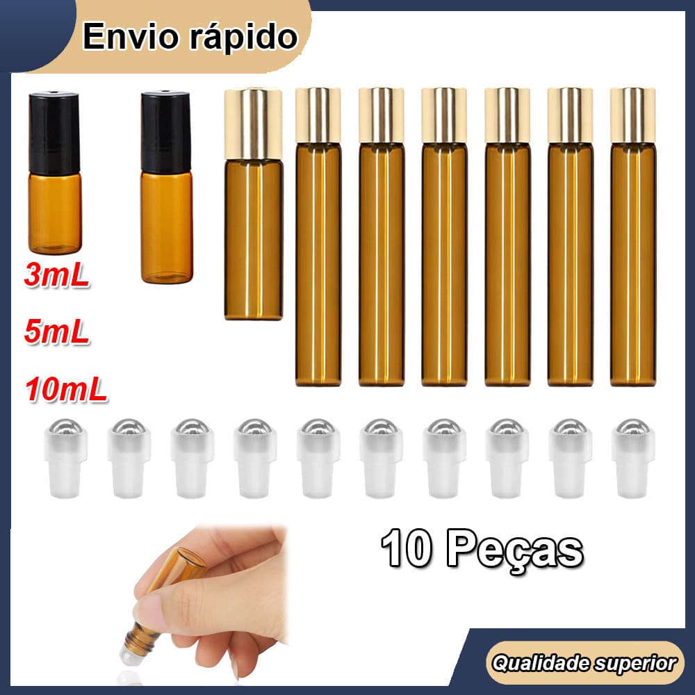 10 frascos de vidro, adequados para óleo essencial e Perfume, frasco vazio com Roll-On, 3/5/10ml