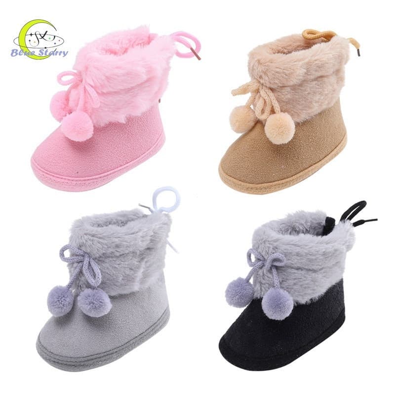 Sapatos De Algodão De Veludo Cor Sólida Para Bebês Fundo Macio Pompom Bebê Botas De Neve
