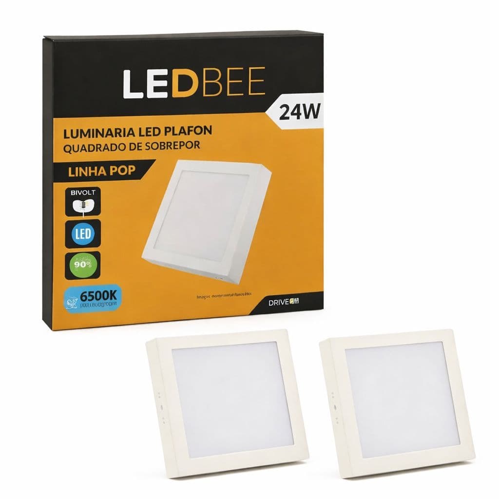 Plafon Led Quadrado de Sobrepor 24w 6500K - kit 2 un