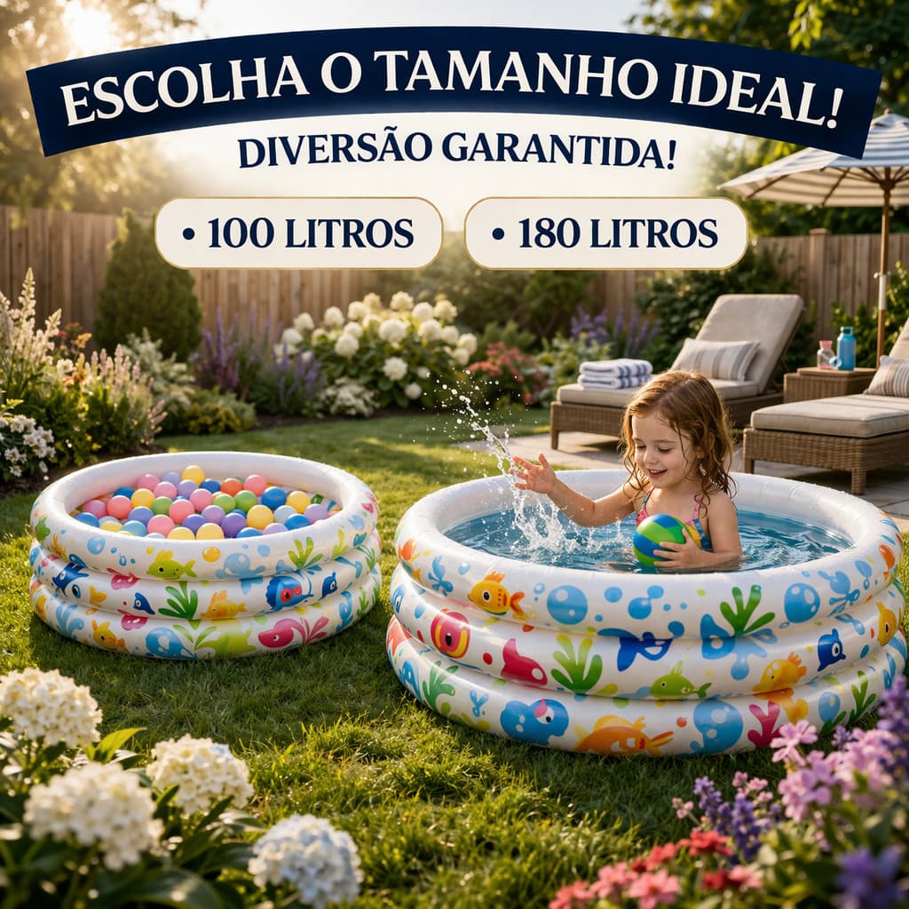 Piscina Inflável Infantil Redonda 3 Anéis 100L | 180L com Água ou Bolinhas