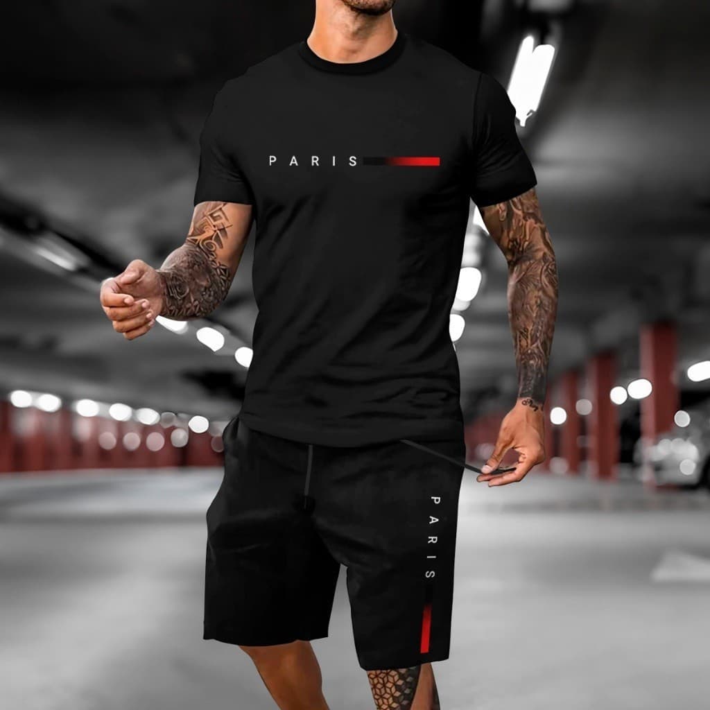 Kit Conjunto Camiseta Masculina Streetwear Paris Listra Casual + Short Tactel Preto - tendência streetwear Masculino