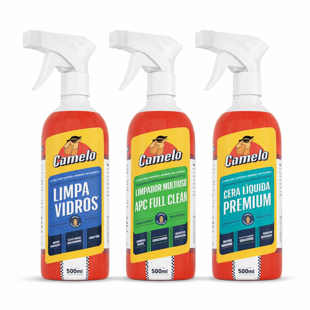 Kit Limpeza e Proteção Vidros Automotivos Baba de Camelo Limpa Vidros + Limpador APC + Cera Líquida