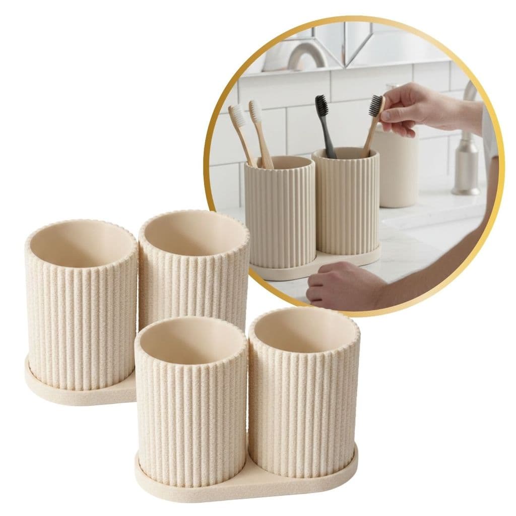 Kit 2 Porta Escovas de Dente Bege Canelado Duplo Moderno