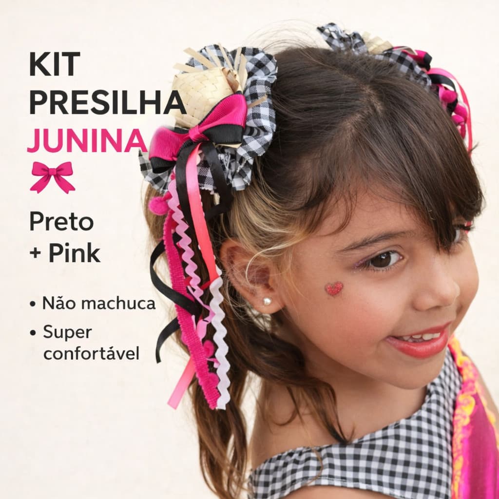 Kit Presilha Junina Infantil Laço Xadrez Preto Pink Cabelo Festa Caipira Menina