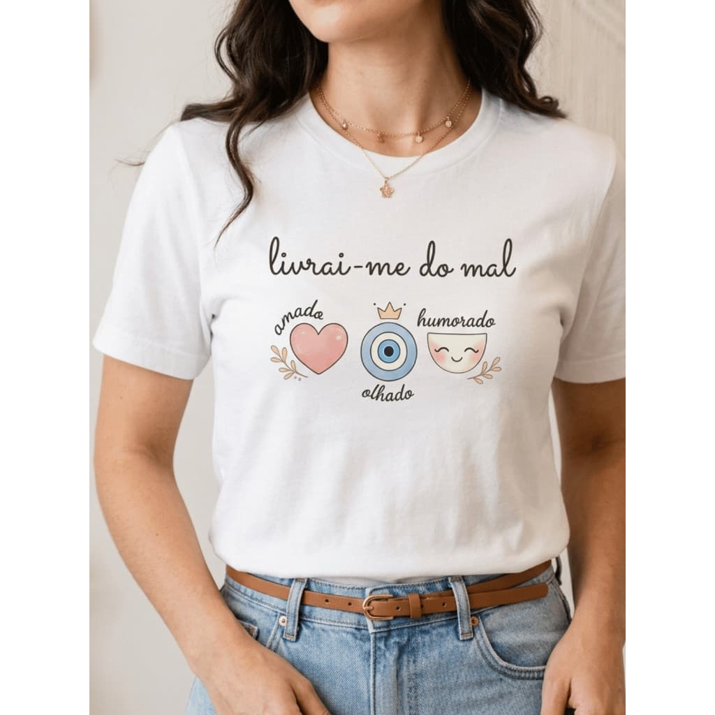 Camiseta Feminina Tshirt Blusa Fofa Minimalista Motivadora Confortável 100% Algodão Livrai-Me do Mal Estampa