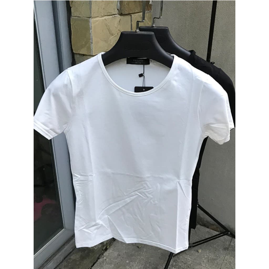 Verão versão coreana camiseta cor sólida manga curta em torno do pescoço camiseta masculina fino ajuste algodão estirame
