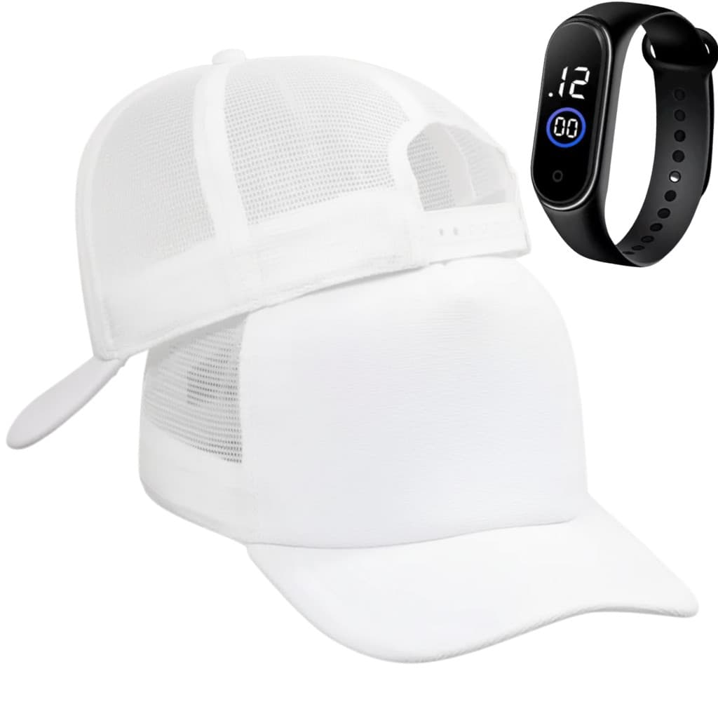 Boné Trucker Aba Curva Telinha Branco Ajustável Unissex Snapback com Relógio