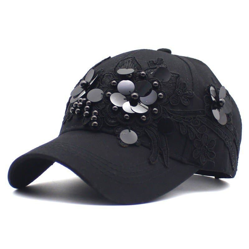 Boné de Beisebol com Bordado Floral, Super Estiloso e Moderno, Chapéu com Aba Curvada de Lantejoulas Coloridas para Mulh