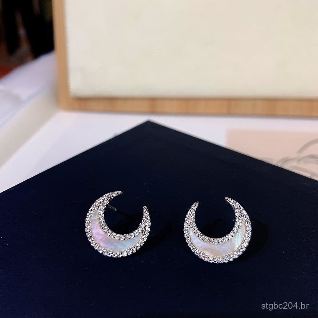 Brincos de prata S925 com microincrustações de zircônia e madrepérola em formato de lua, branco lunar, delicados e etére