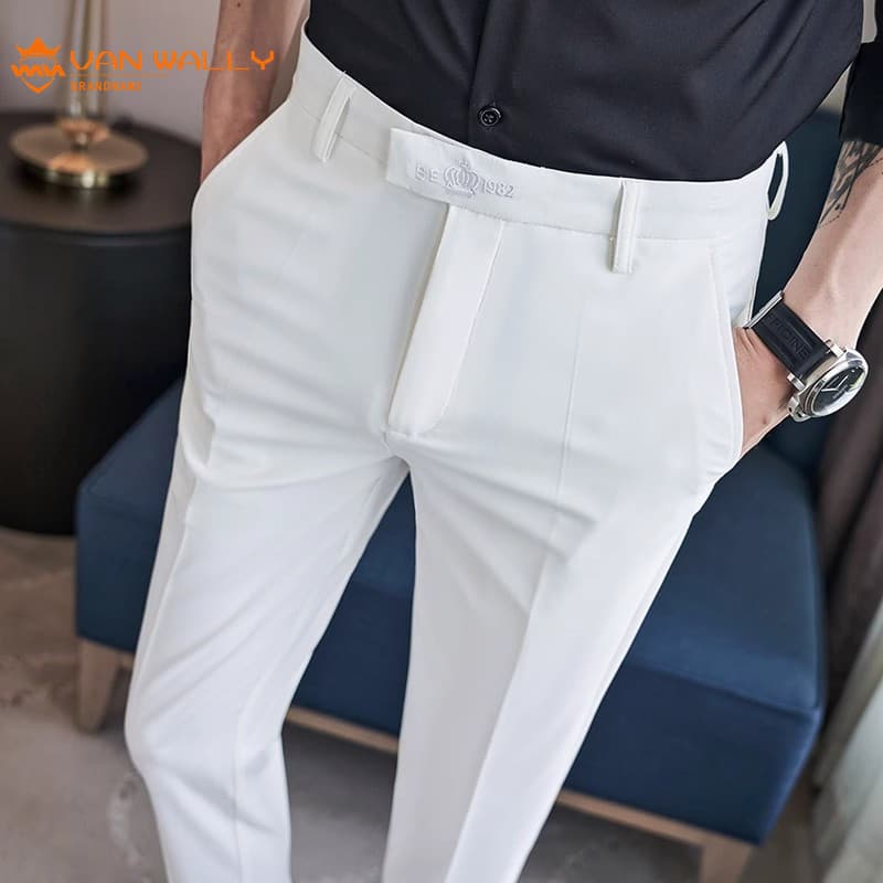 Calças brancas verão estilo fino moda bordado calças casuais versão coreana magro-ajuste calças magras terno de negócios