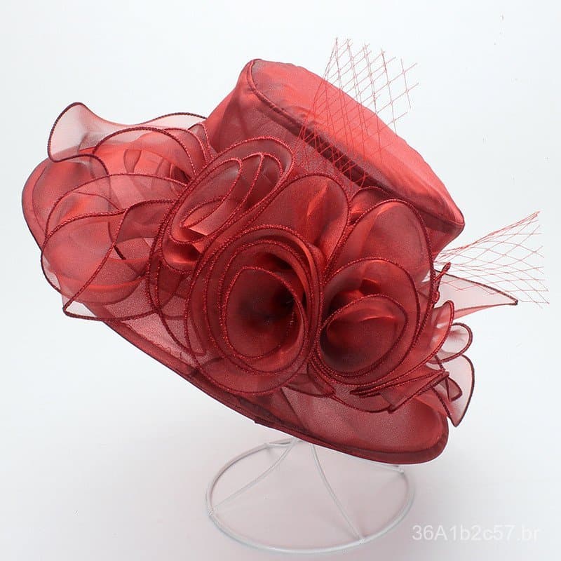 Chapéu de verão feminino em estilo britânico com organza floral, proteção solar, adequado para passeios na praia e fotog