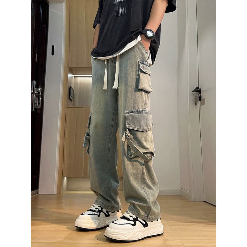 Americano High Street Multi-bolso geral Jeans masculino primavera outono verão estilo fino solto em linha reta perna lar