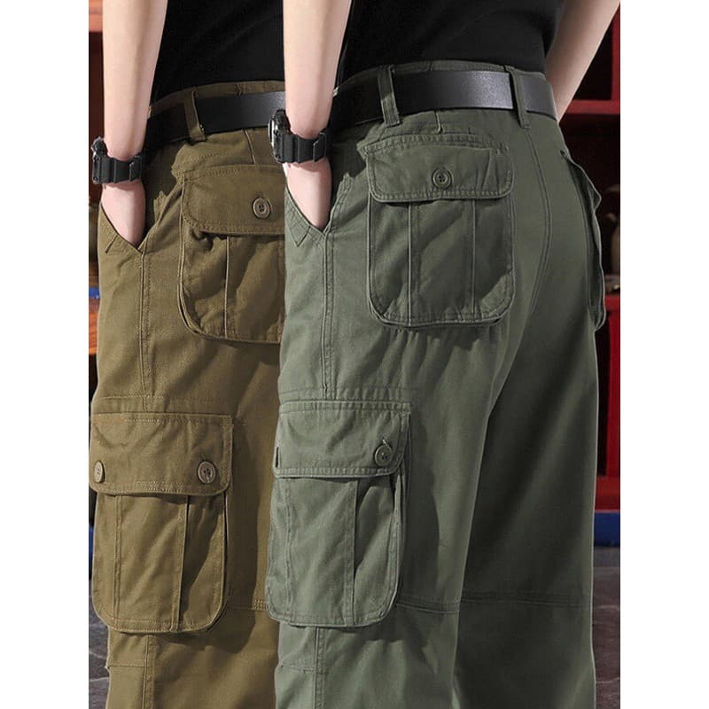 Primavera outono Multi-bolso macacão calças compridas tamanho grande de meia-idade masculino Casual solto em linha reta