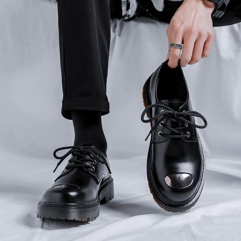 Iron Toe Derby Sapatos Masculinos Primavera Low-Top Martin Botas de Sola Grossa Macacão Preto Britânico Casual Sapatos d