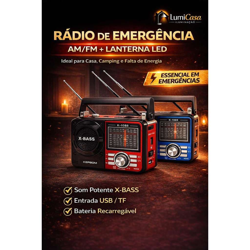 Rádio de Emergência AM/FM Portátil com Lanterna LED, Entrada USB/TF, Bateria Recarregável para Camping Casa e Viagem