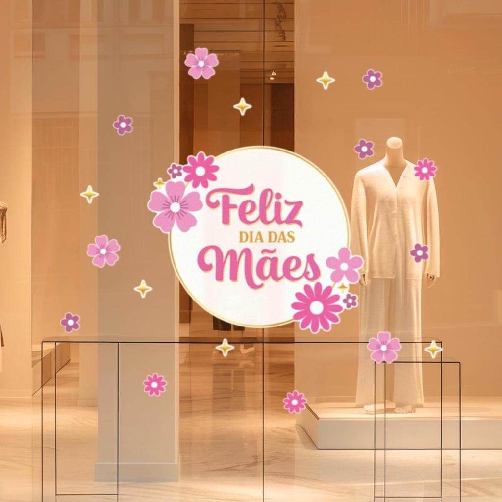 Adesivo Decorativo Feliz Dia das Mães com Estrelas e Flores Delicadas Estilo Elegante