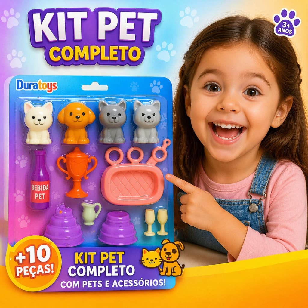 Kit Pet Cachorrinhos Com Acessórios - Brinquedo Infantil Divertido Faz De Conta Bolo De Festa
